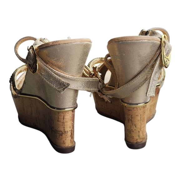 Secreto di Bella Gold Wedge Sandals Size EU 38 Rhinestone Charm Cork Heel Dressy - Picture 8 of 16